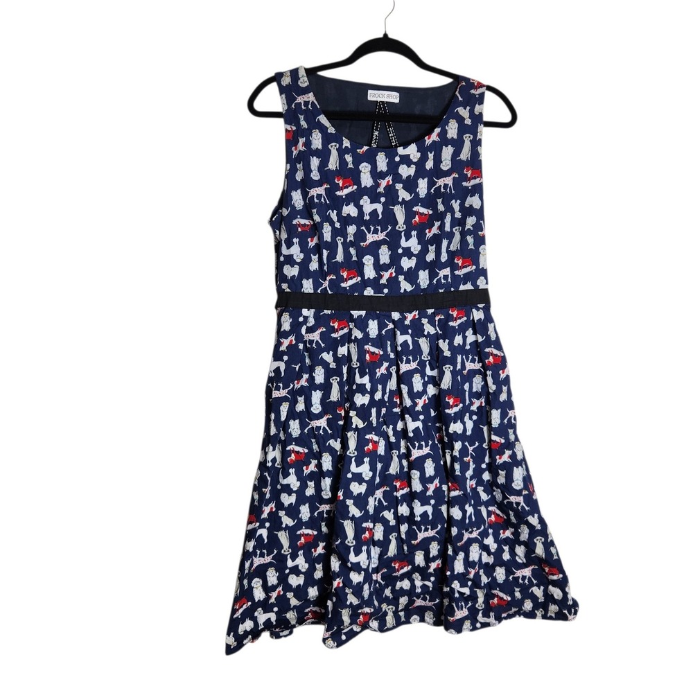 Frock Shop Navy Blue Dog Print Fit Flare Dress XL Poodles Skateboards